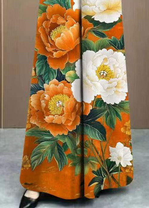 Orange Print Pockets Cotton Wide Leg Pants Elastic Waist
