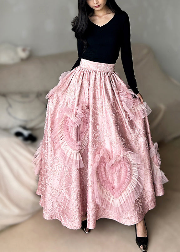 Pink Exra Large Hem Patchwork Heart-shaped Silk Party Skirts Spring