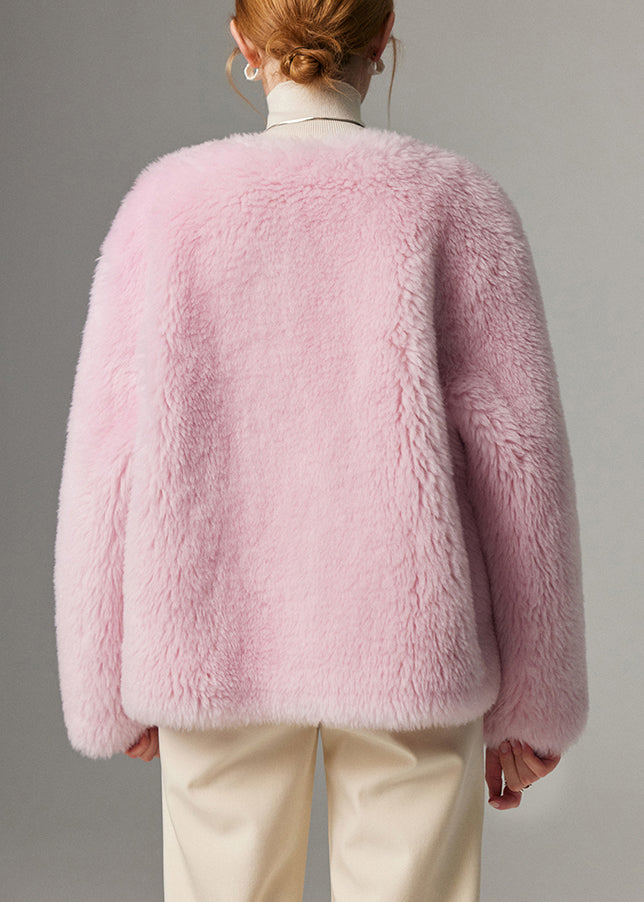 Pink O Neck Button Woolen Coats Winter