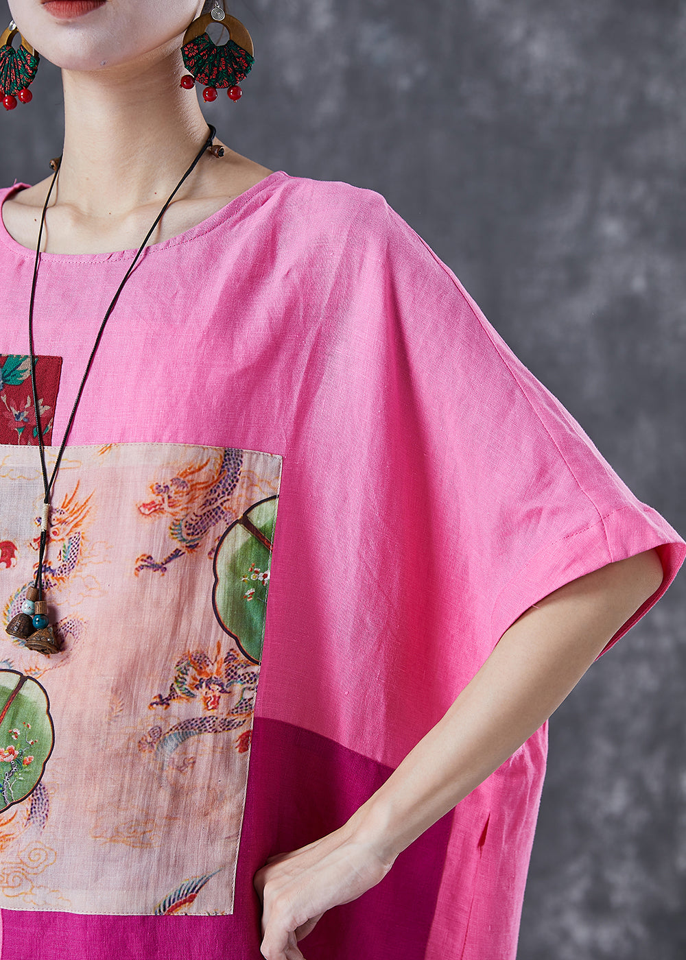 Pink Oversized Patchwork Linen Ankle Dress Batwing Sleeve