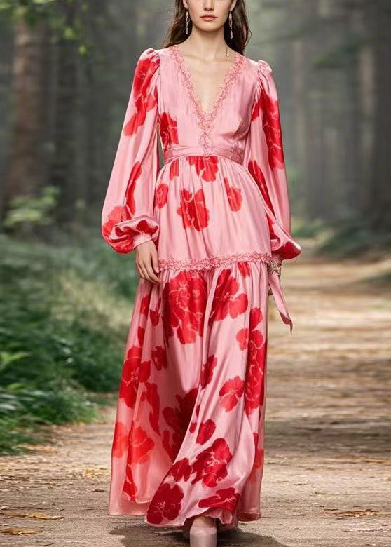 Pink Ruffled Print Chiffon Long Dress Spring