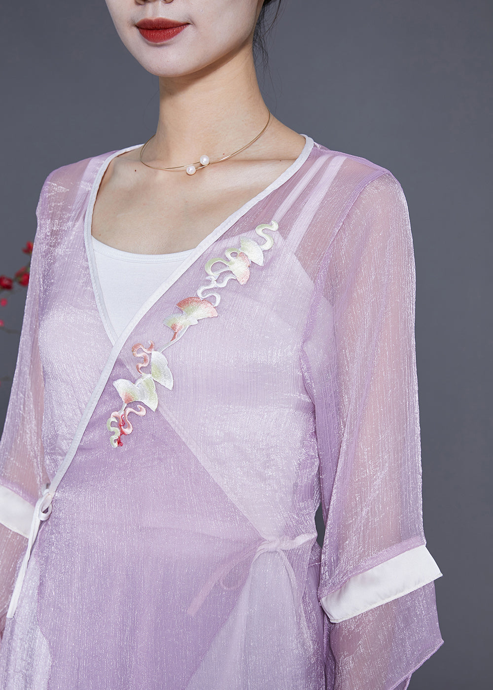 Purple Embroideried Lace Up Asymmetrical Design Tulle Tops Summer