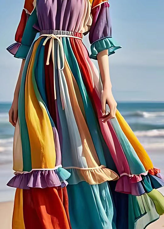 Purple Ruffled Lace Up Patchwork Chiffon Dress Half Sleeve