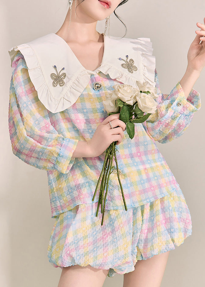 Rainbow Peter Pan Collar Striped Cotton Shirts and Shorts Two Pieces Set Fall