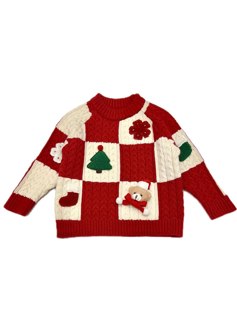 Red O-neck Thick Plaid Patchwork Cotton Knit Sweaters Spring