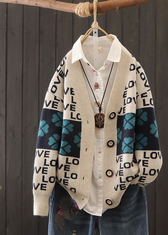 Red Oversized Patchwork Letter Print Knit Cardigans Winter