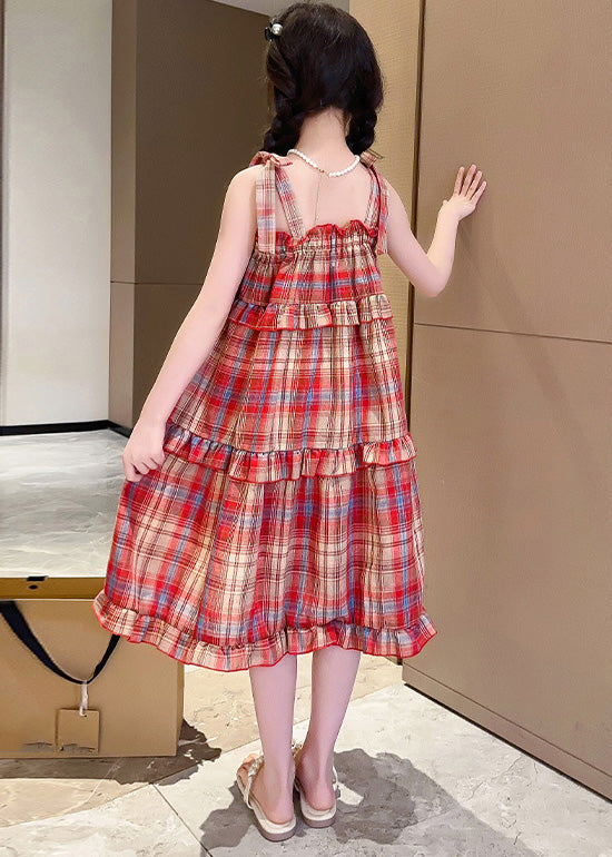 Red Slash Neck Ruffled Plaid Patchwork Slip Long Dress Summer