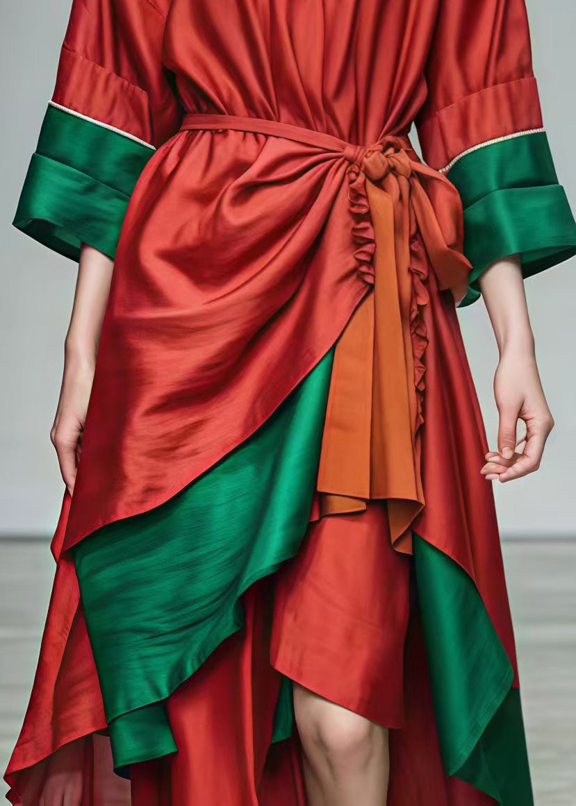 Red Tie Waist Patchwork Cotton Holiday Dresses Summer