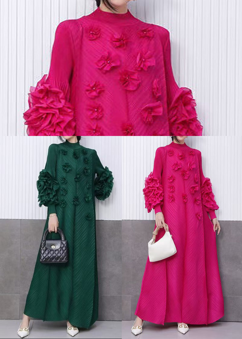 Rose Decorated Pleated Texture Maxi Dress Petal Sleeve
