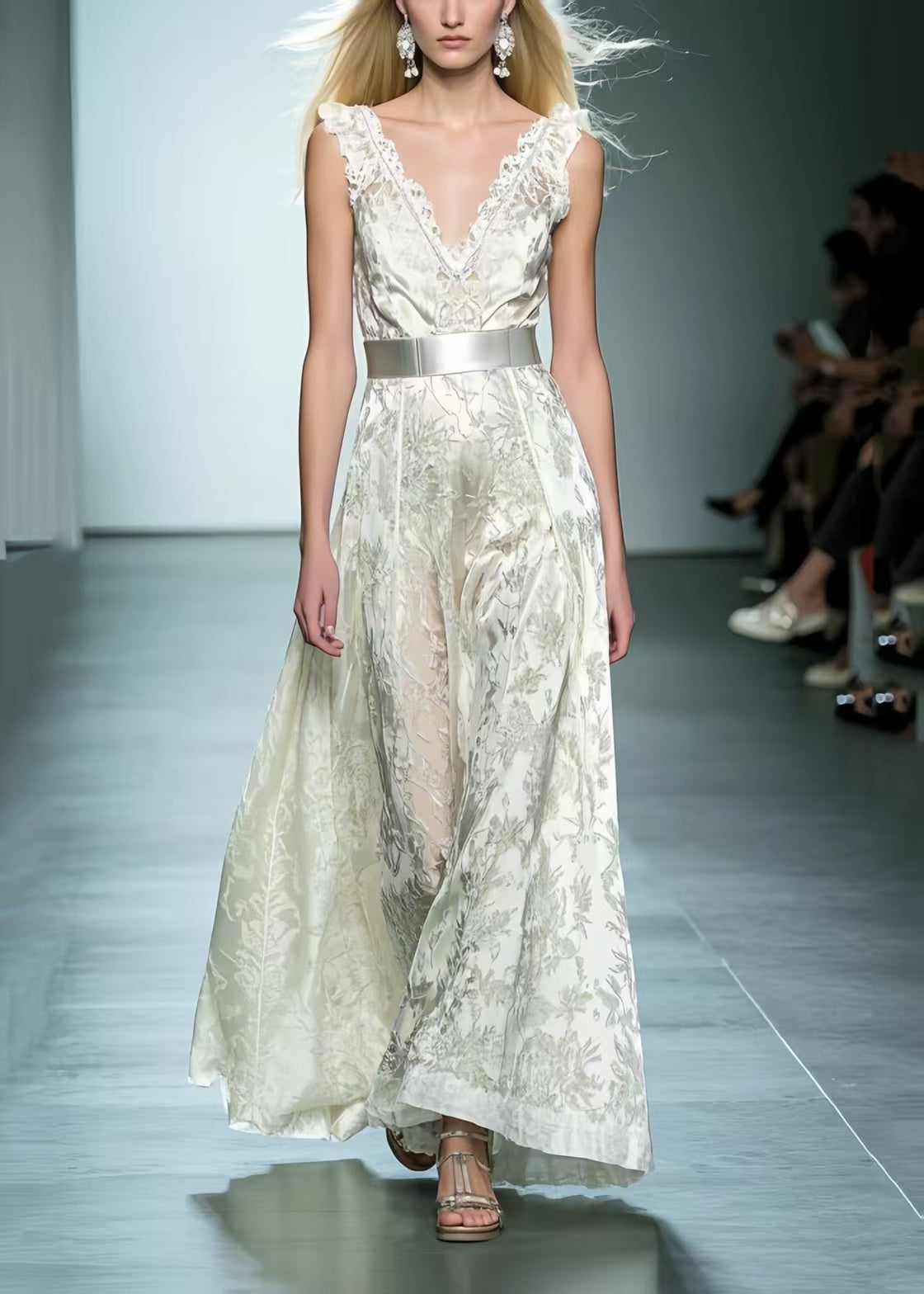 White Cinched Jacquard Silk Dinner Dress Summer