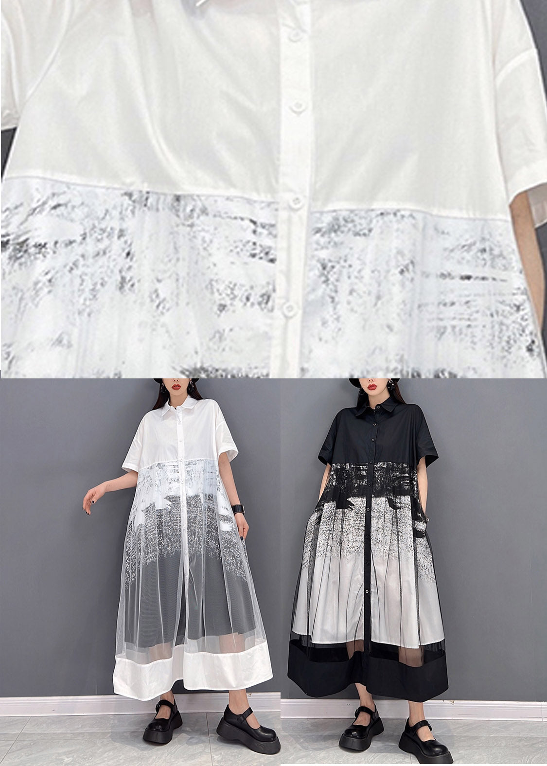White Peter Pan Collar Patchwork Tulle Dress Short Sleeve