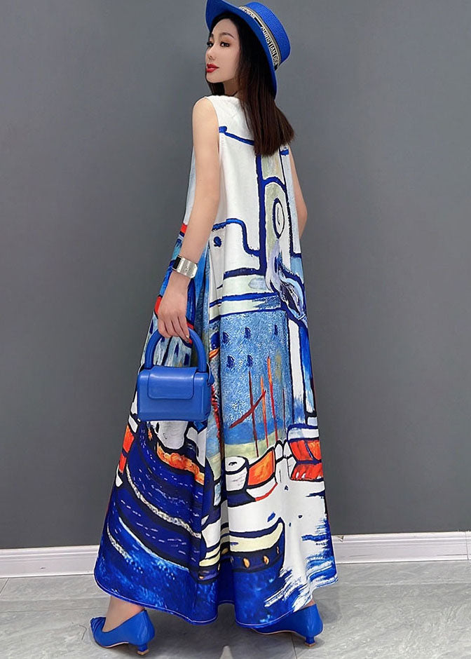 White V Neck Graphic Print Chiffon a Line Long Dress Sleeveless
