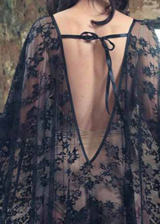 White V Neck Lace Long Holiday Dress Batwing Sleeve