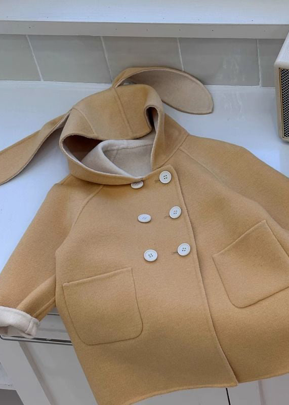 Yellow Hooded Pockets Patchwork Woolen Coat Spring