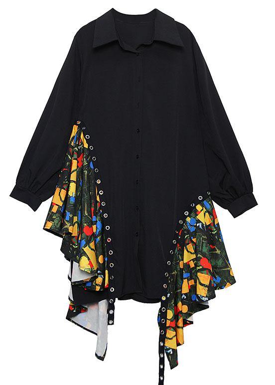 Black Cotton Dress Side Patchwork Fall Shirt Dress