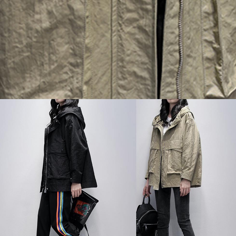 Black Clothes Work Outfits Hooded Zippered Coat