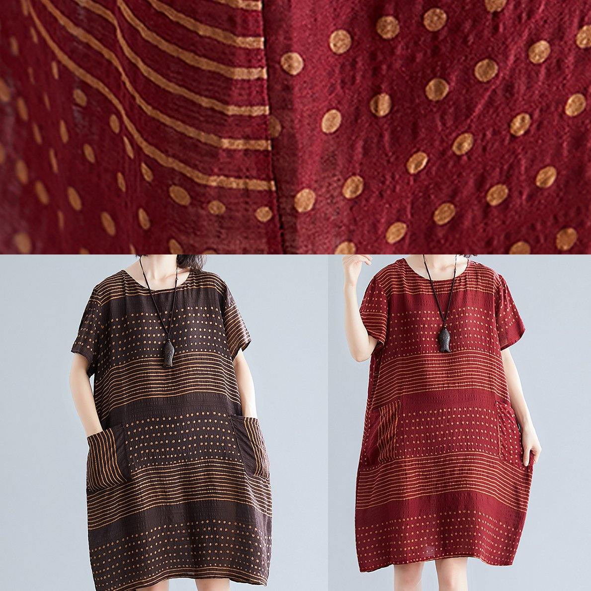 Chocolate Dotted Cotton Tunic Top O Neck Pockets Short Dress