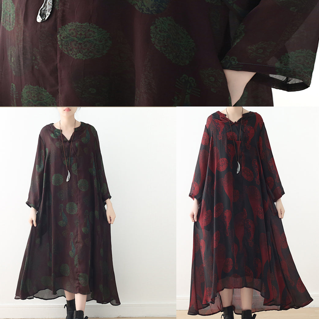 Green Purple Prints Silk Dress Boutique Fabrics V Neck Long Summer Dresses