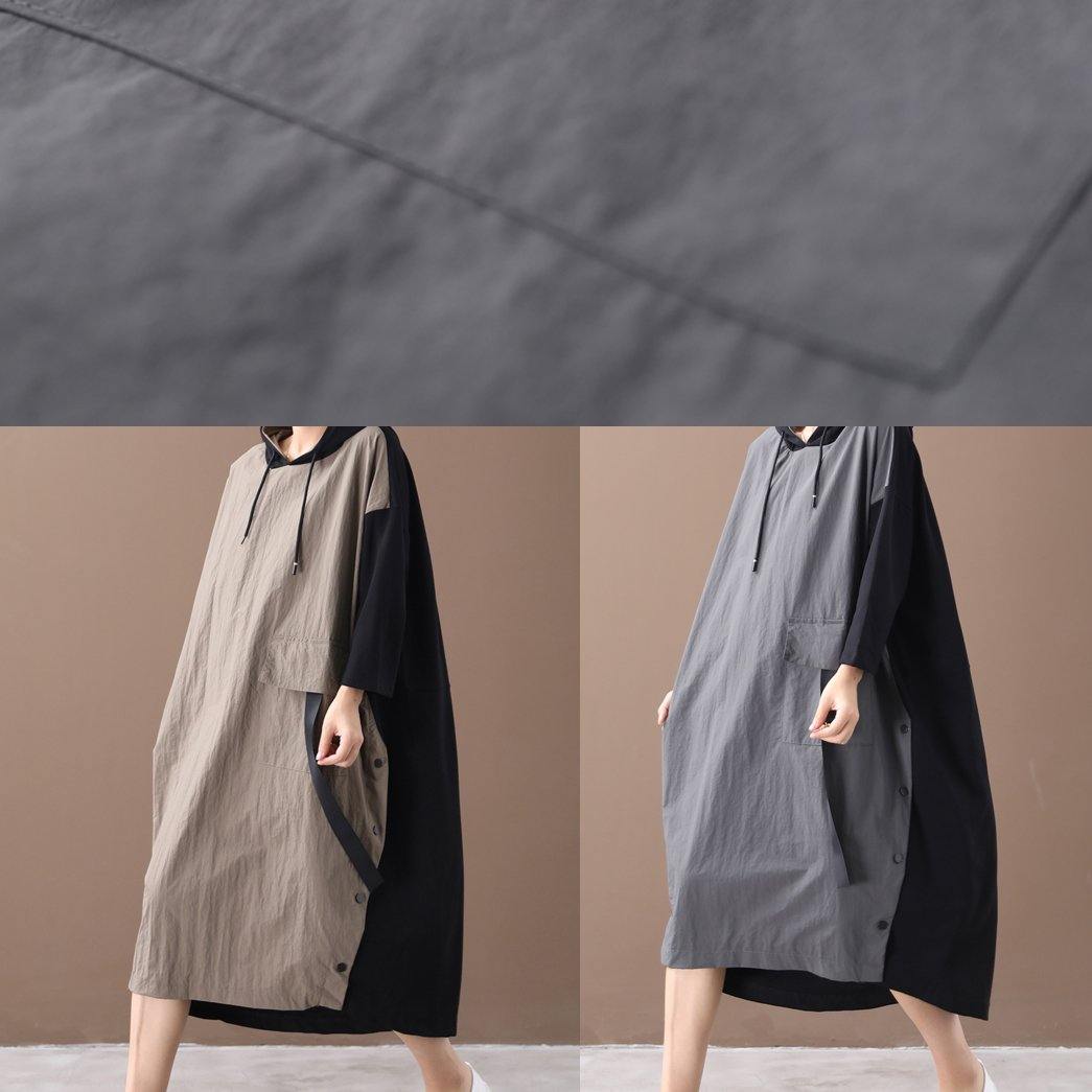 Khaki Long Dress Hooded Patchwork Long Spring Dresses