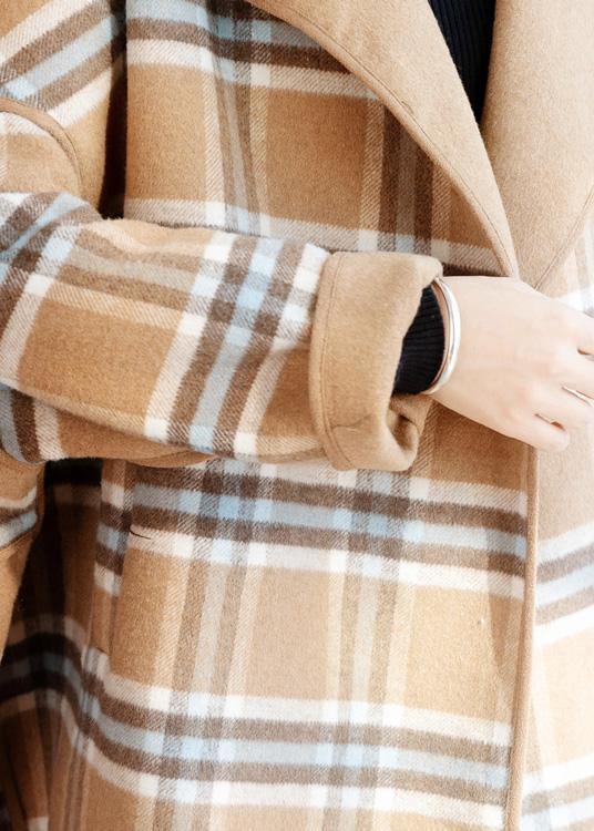 Khaki Plaid Clothes for Neckline O Neck Winter Coat