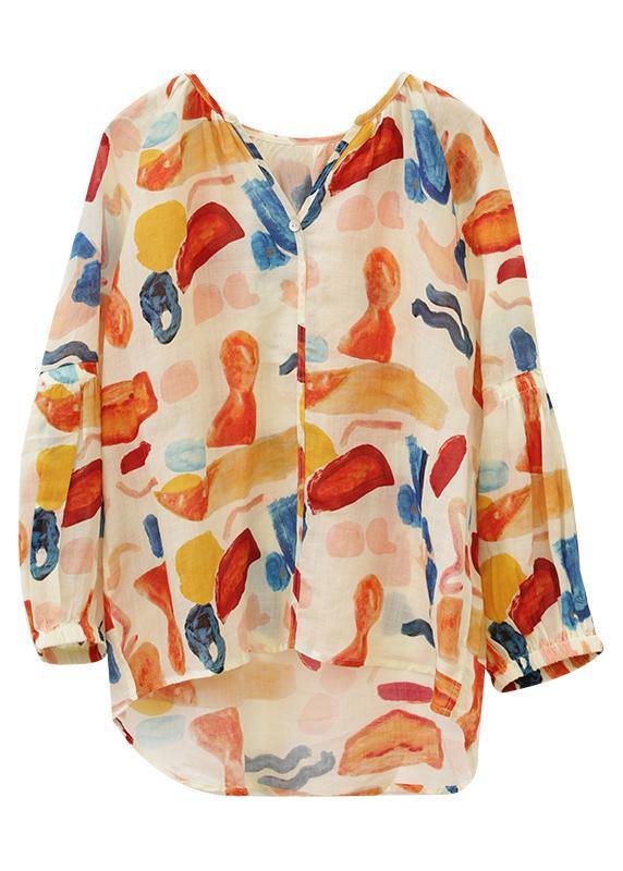 Beautiful orange print clothes v neck low high design summer blouse