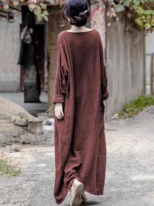 Red Linen Long Shirts O Neck Pockets Maxi Dresses