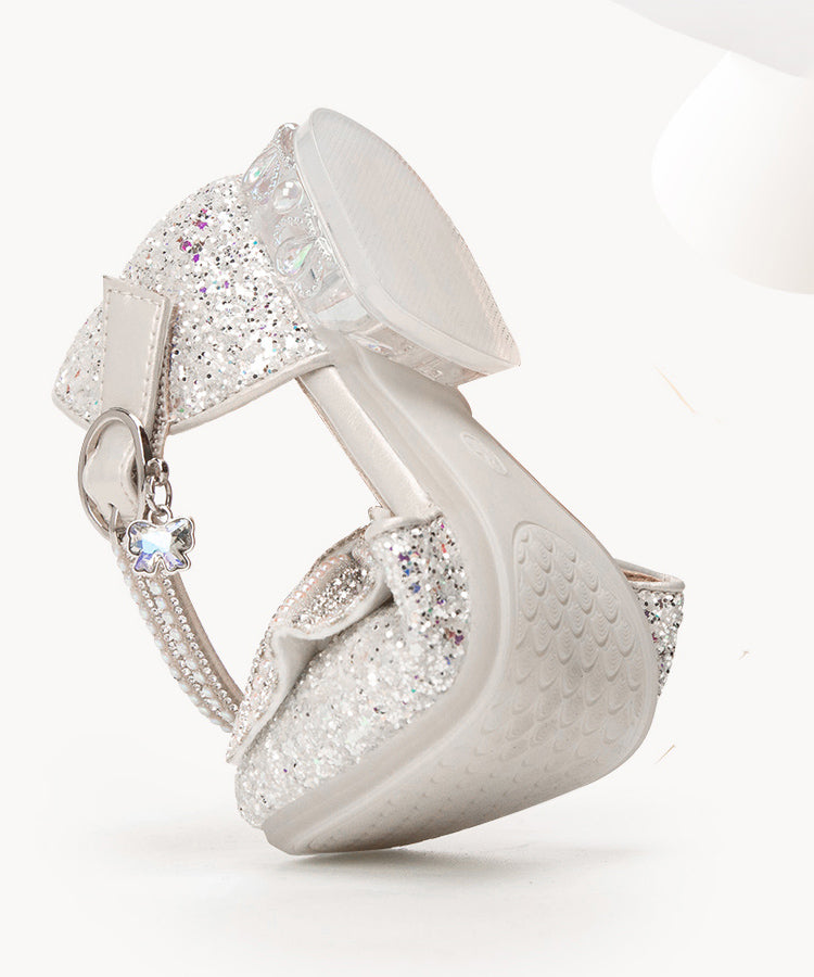 Beige Bow Zircon Buckle Strap Kids Princess Shoes