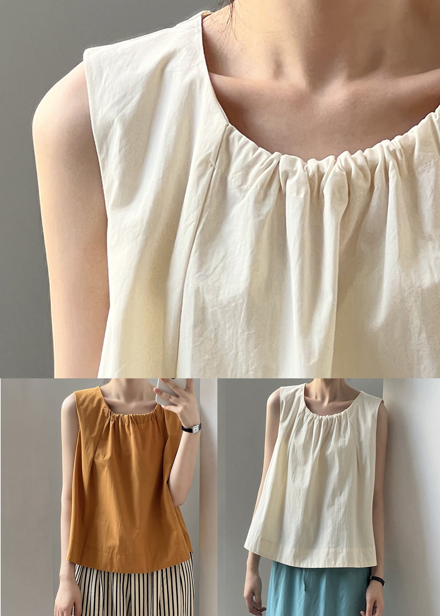 Beige Button Cotton Tops O-neck Summer