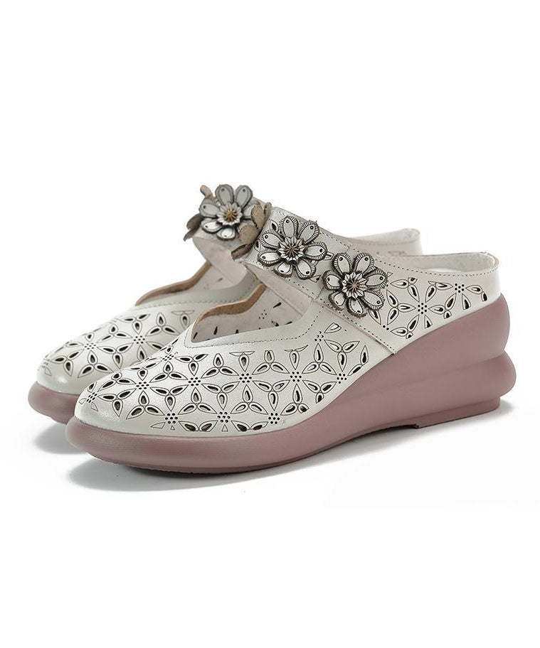 Beige Splicing Cowhide Leather Wedge Slide Sandals Hollow Out