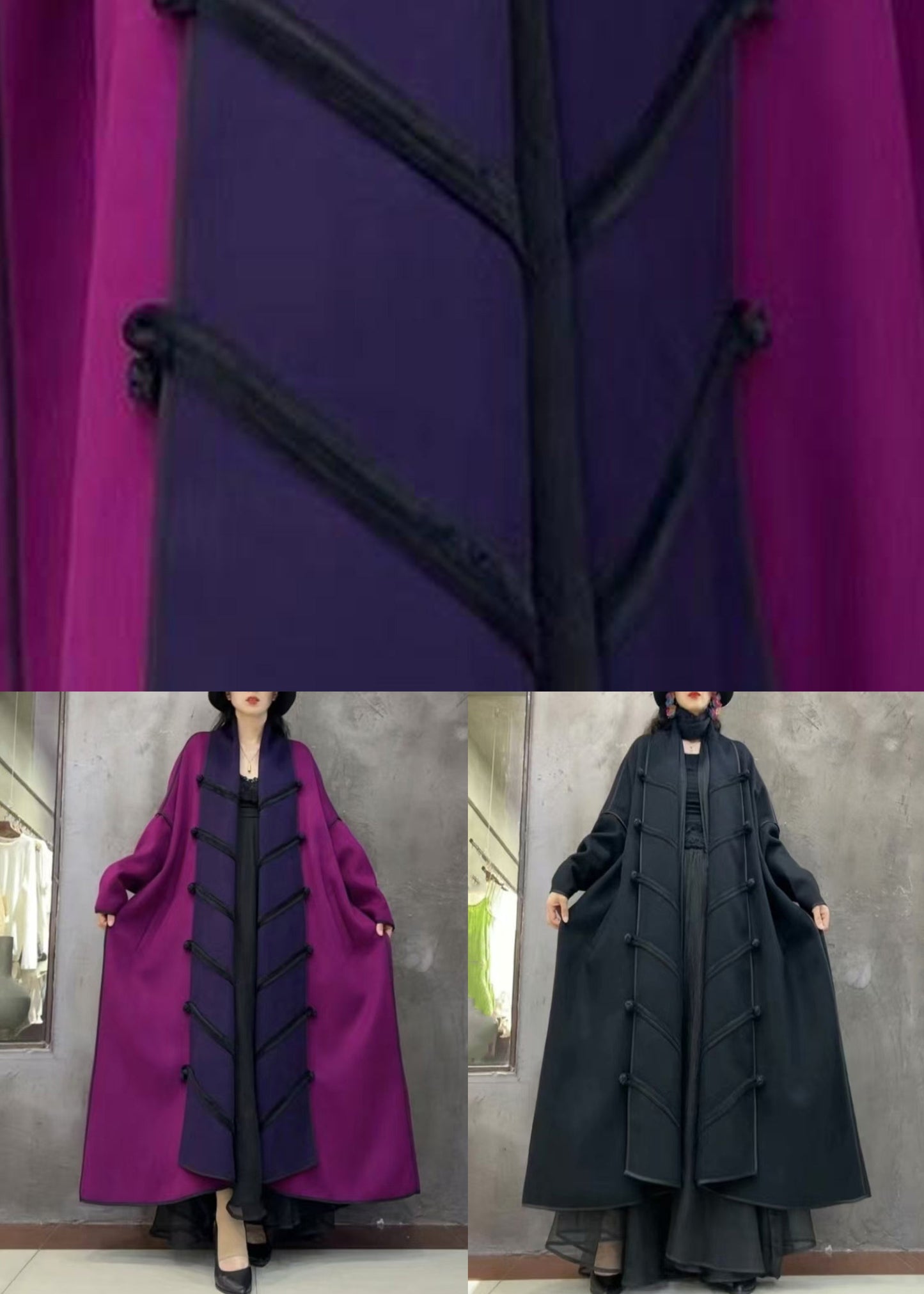 Black Button Loose Woolen Long Coat V Neck Winter