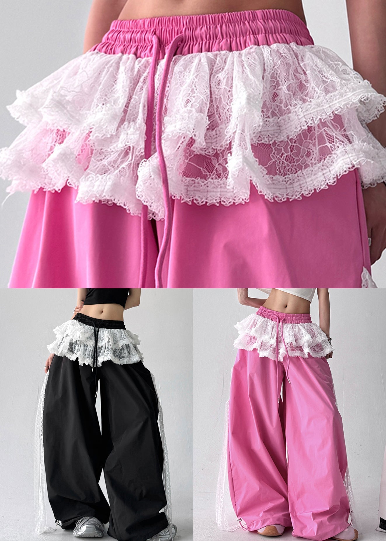 Black Elastic Waist Cotton Fall Pants Lace Asymmetrical