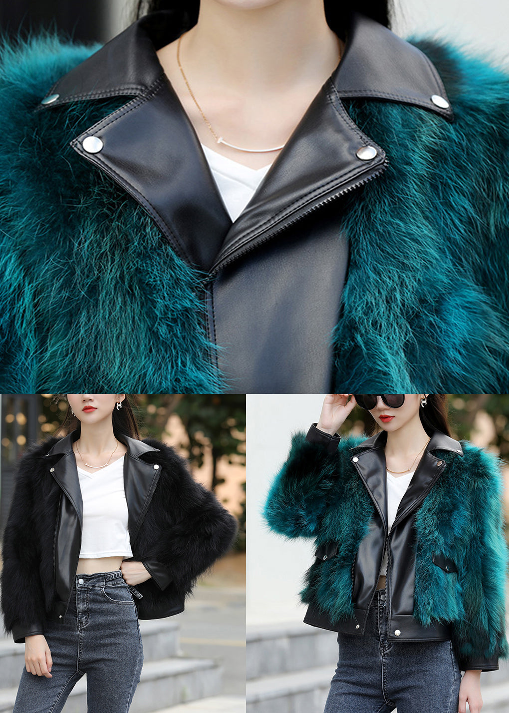 Black Notched Zippered Leather and Fur Coats Winter