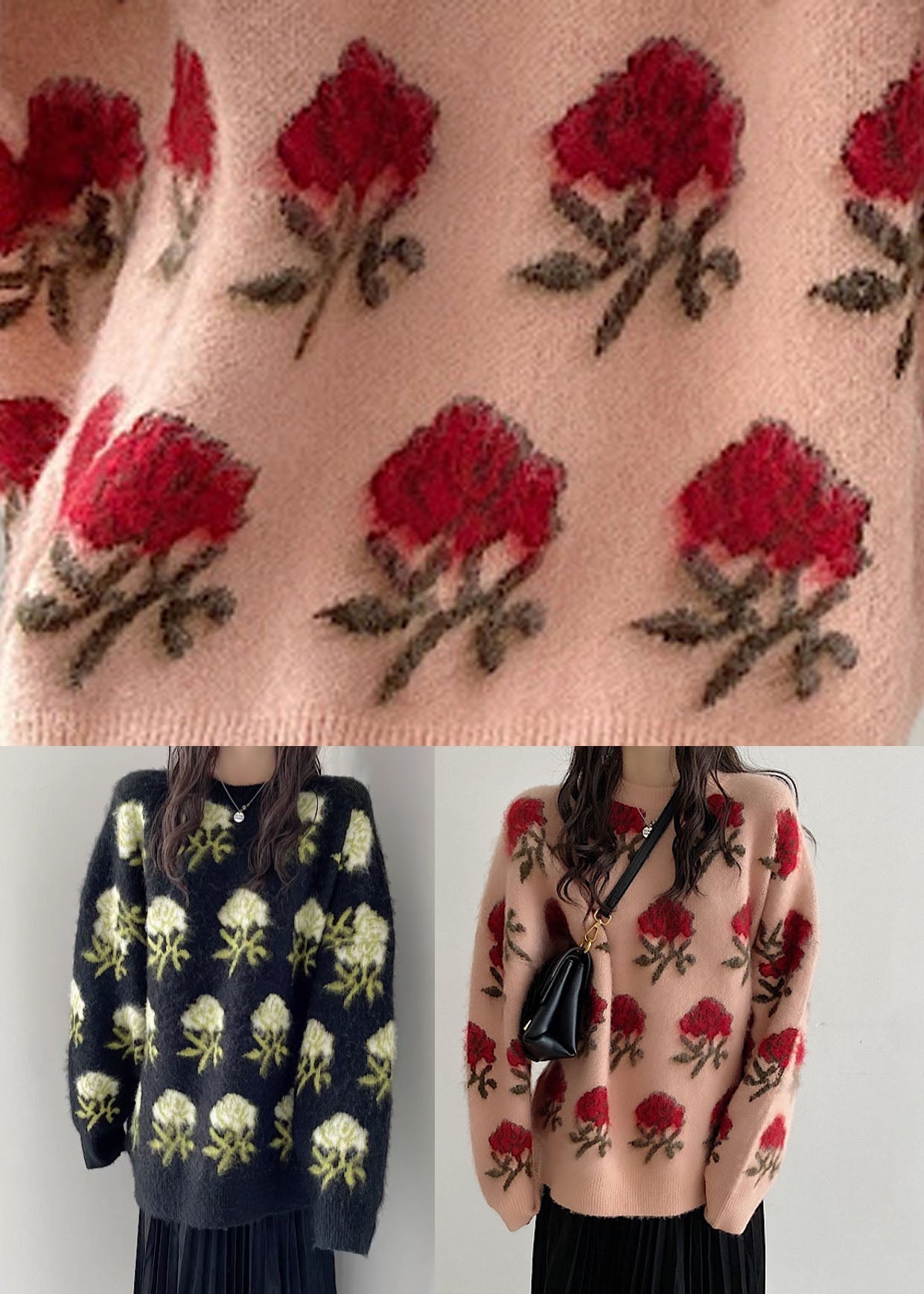 Black O-neck Cozy Ma Hai Mao Knit Sweaters Long Sleeve