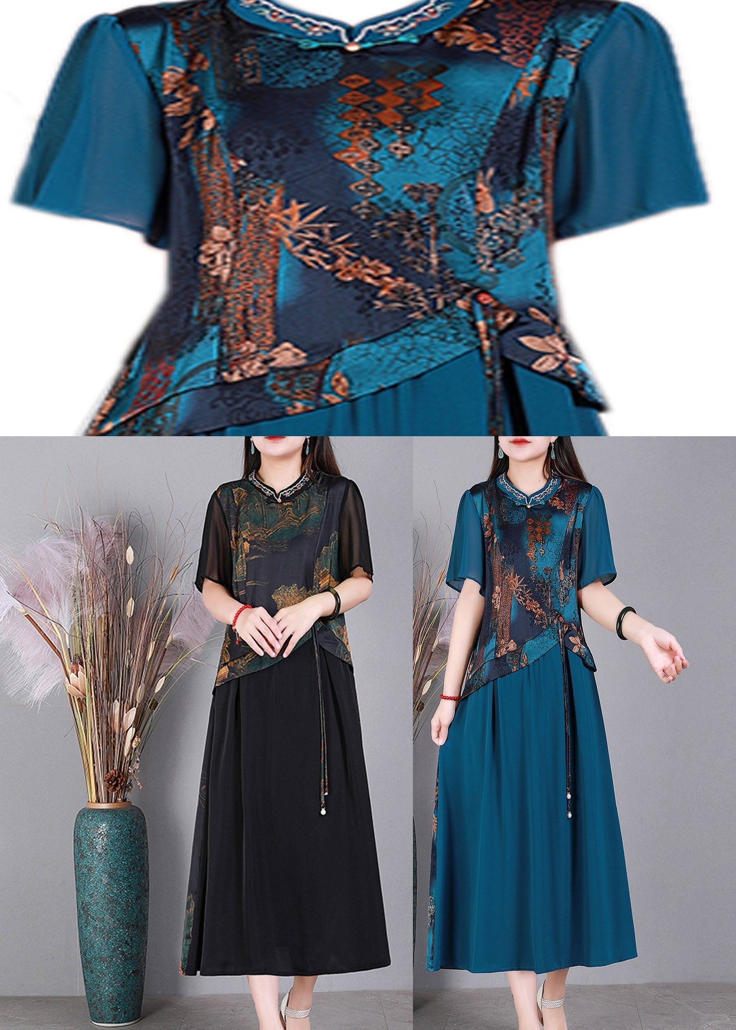 Black O-neck Print Patchwork Silk Dresses Short Sleeve
