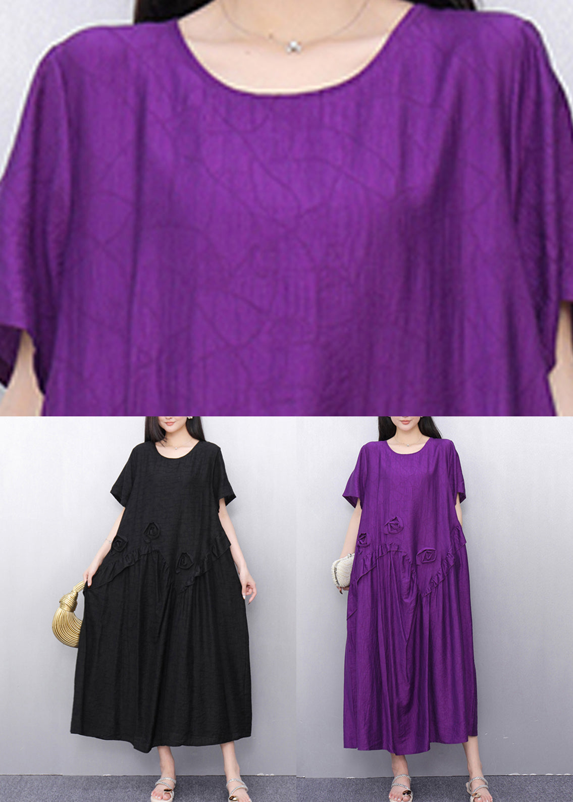 Black O-neck Long Dress Short Sleeve