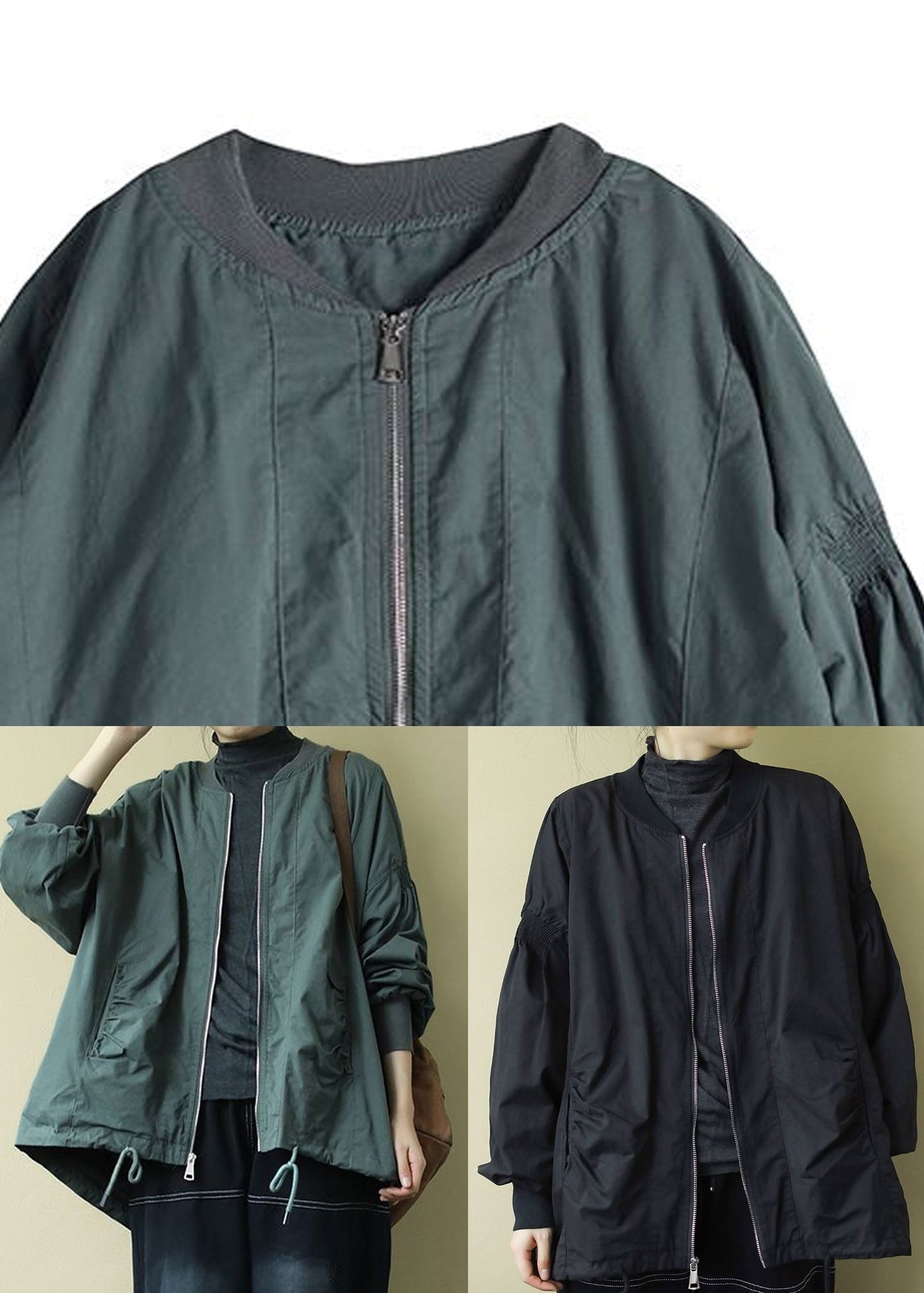 Black O-neck Zip Up Wrinkled Drawstring Long Sleeve