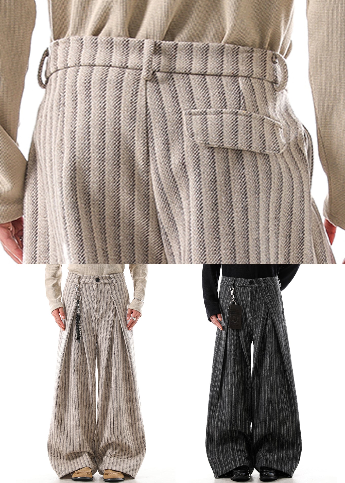 Black Original Design Striped Woolen Wide Leg Pants High Waist