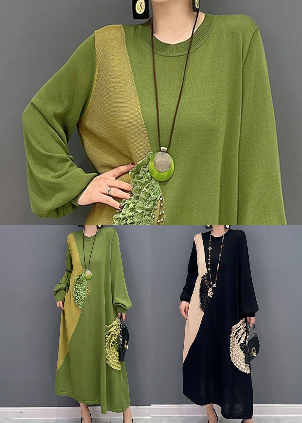 Black Patchwork Knit Long Dresses O-neck Ruffled Summer