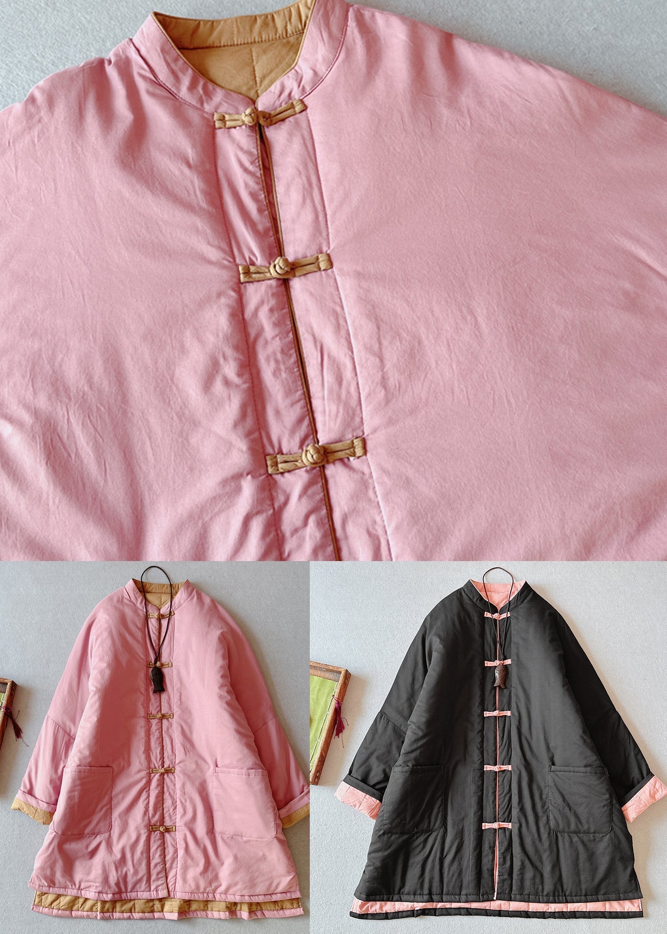 Black Pockets Chinese Button Fine Cotton Filled Loose Coat Winter