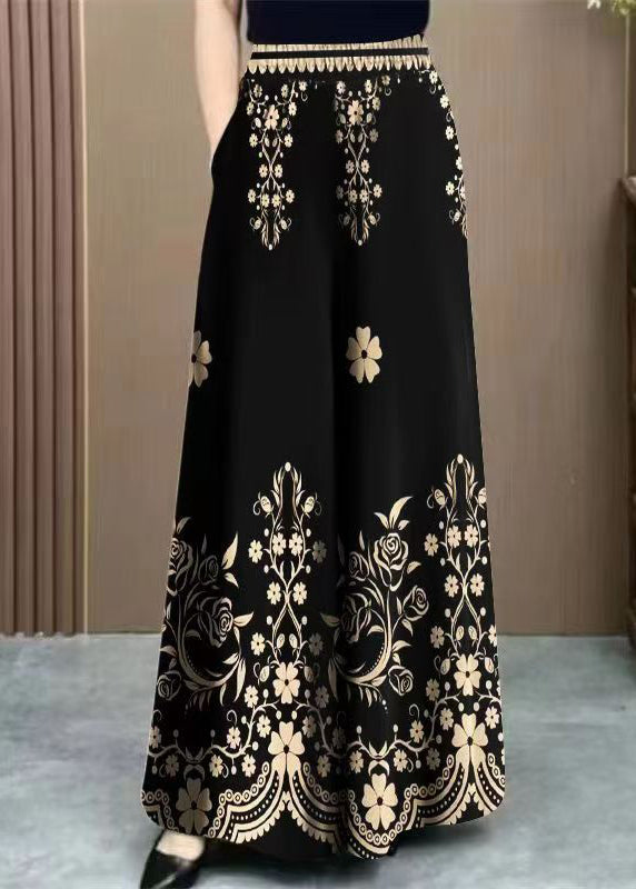 Black Pockets Elastic Waist Cotton Pants Print
