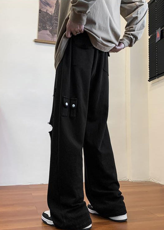 Black Pockets Cotton Spring Pants Elastic Waist