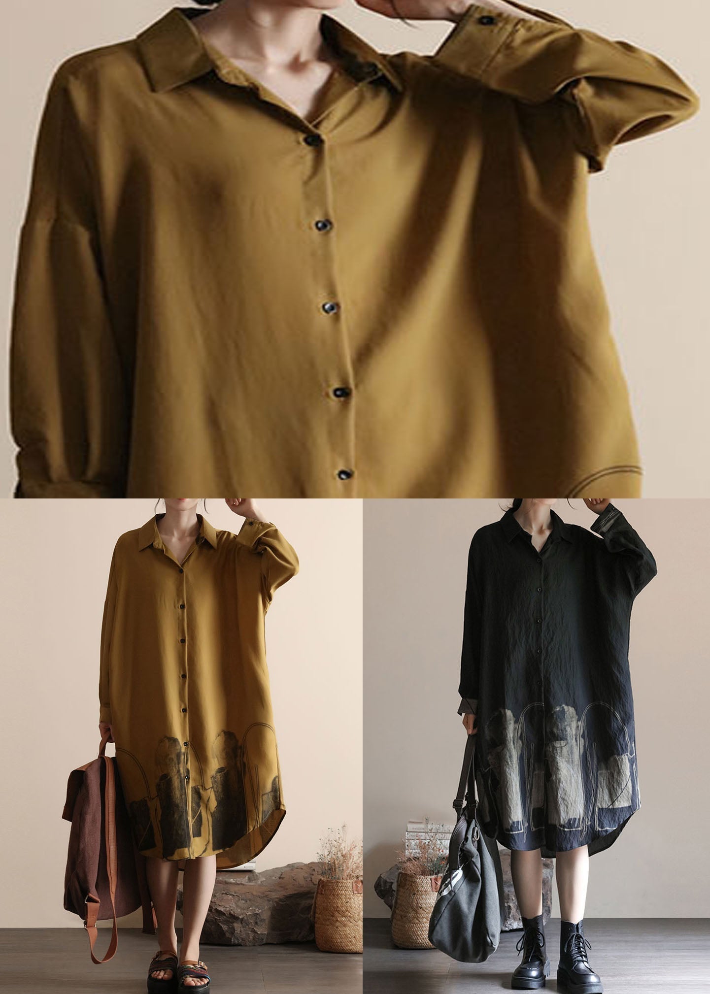 Black Print Patchwork Linen Shirts Dress Peter Pan Collar Spring