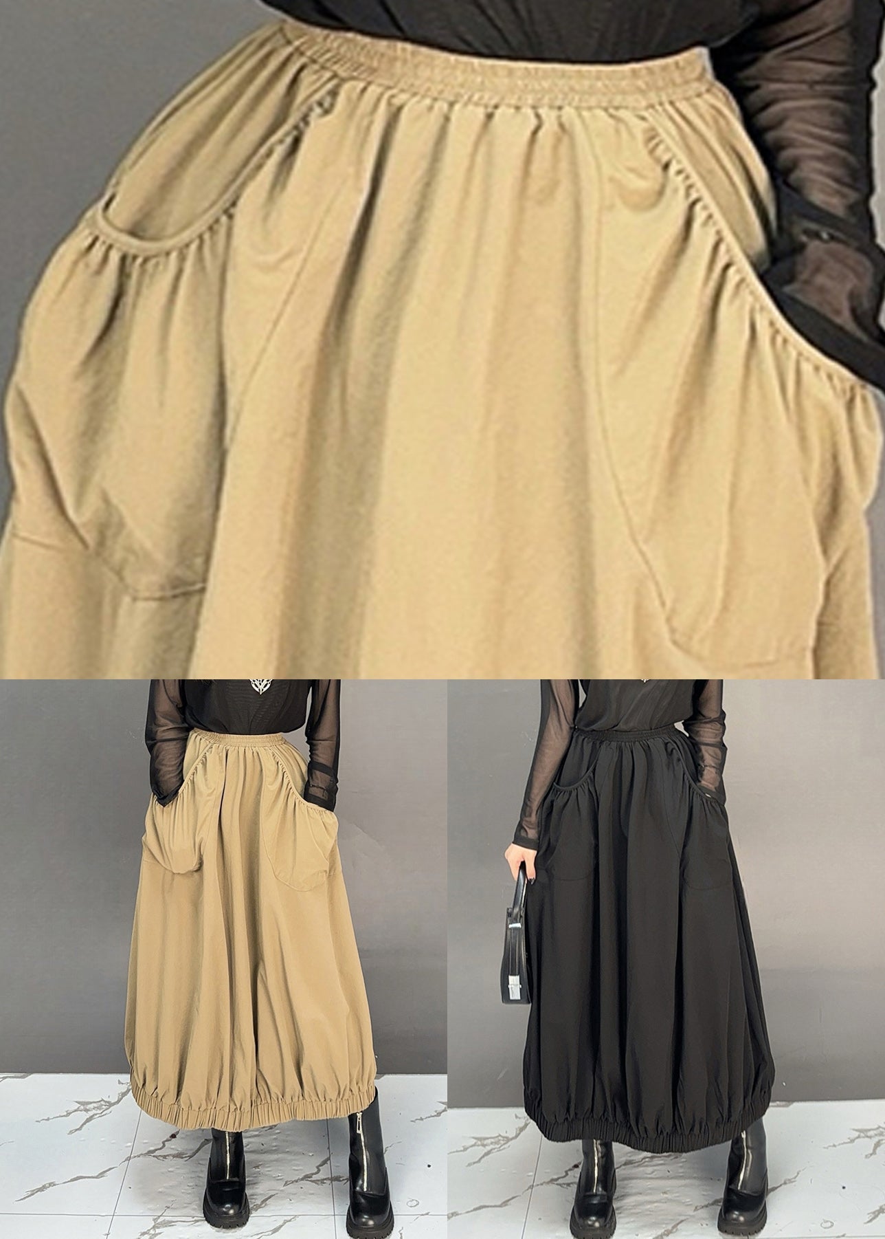 Black Pockets Cotton Fall Skirt Elastic Waist