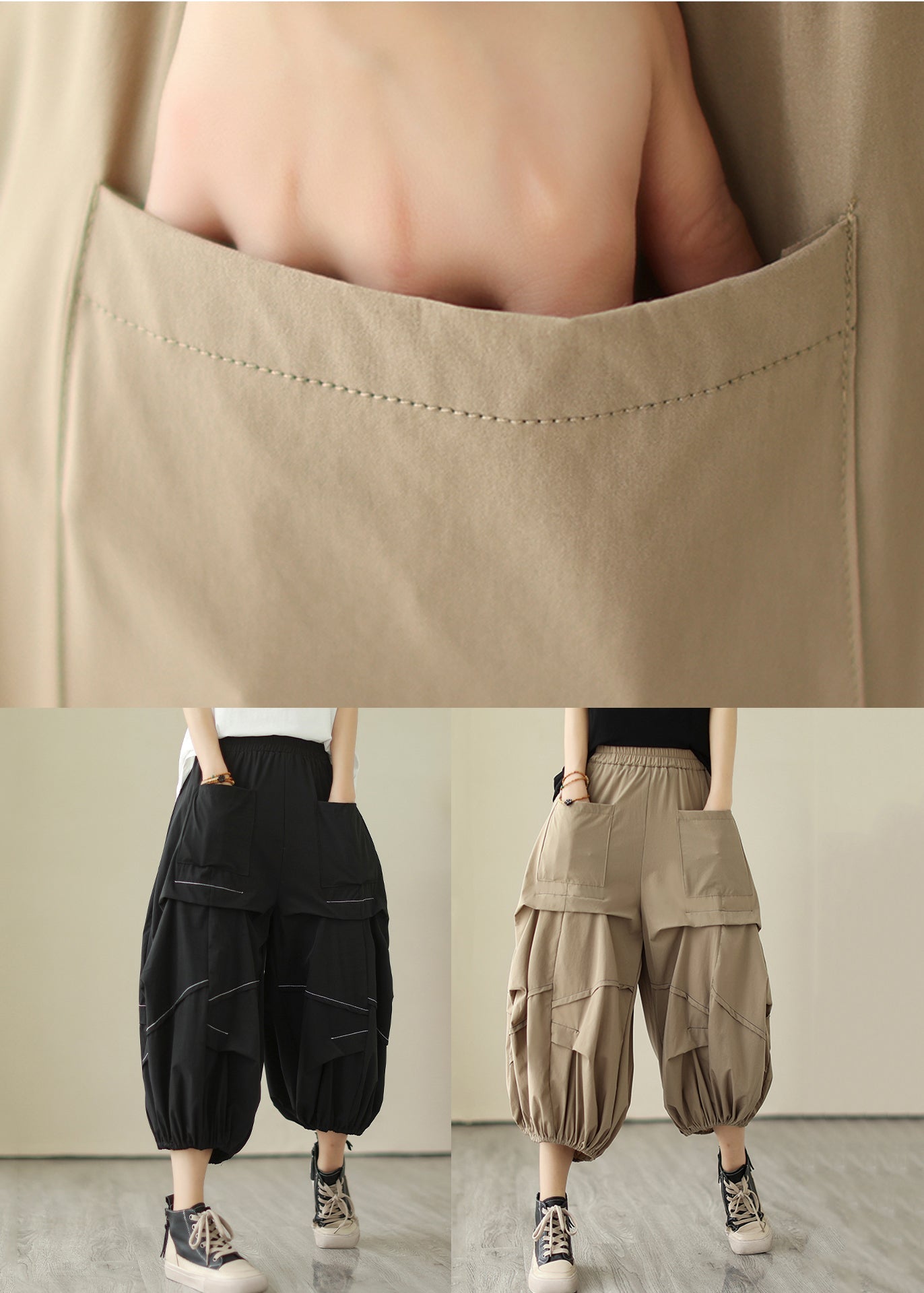 Black Wrinkled Cotton Crop Pants High Waist Summer