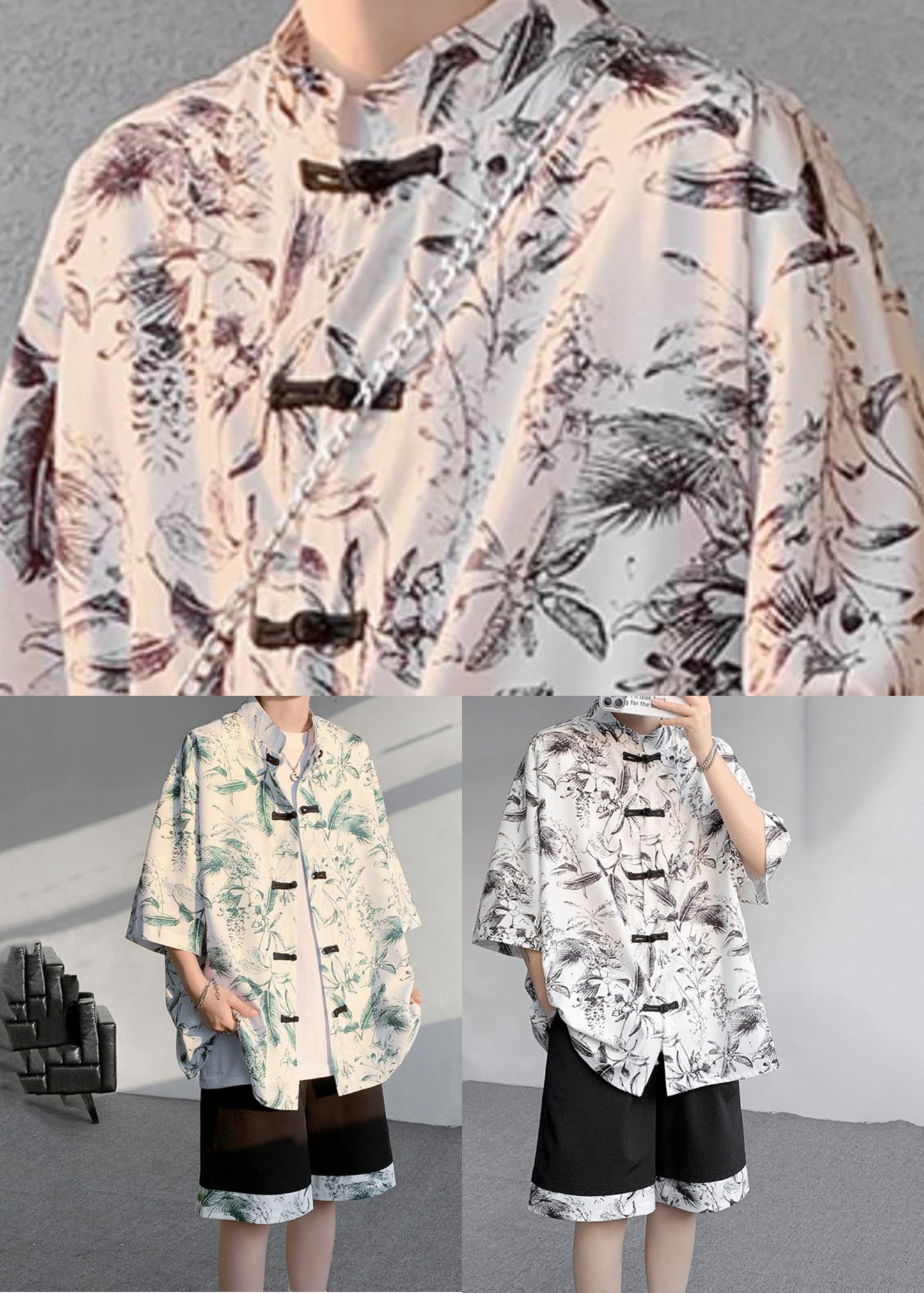 Black Stand Collar Button Shirt and Shorts Two Pieces Set Short Sleeve