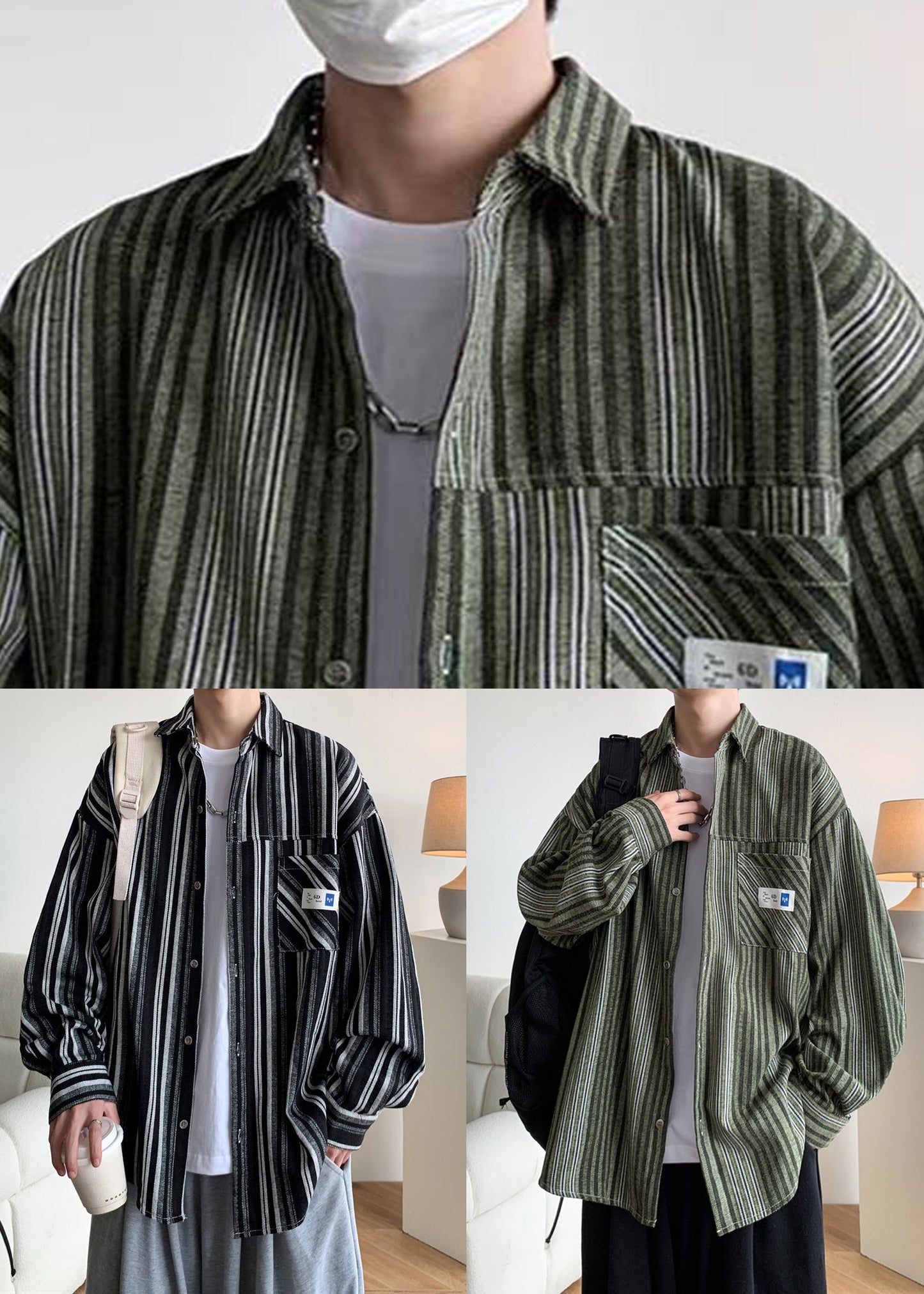 Black Striped Oversized Cotton Men Shirts Peter Pan Collar Spring