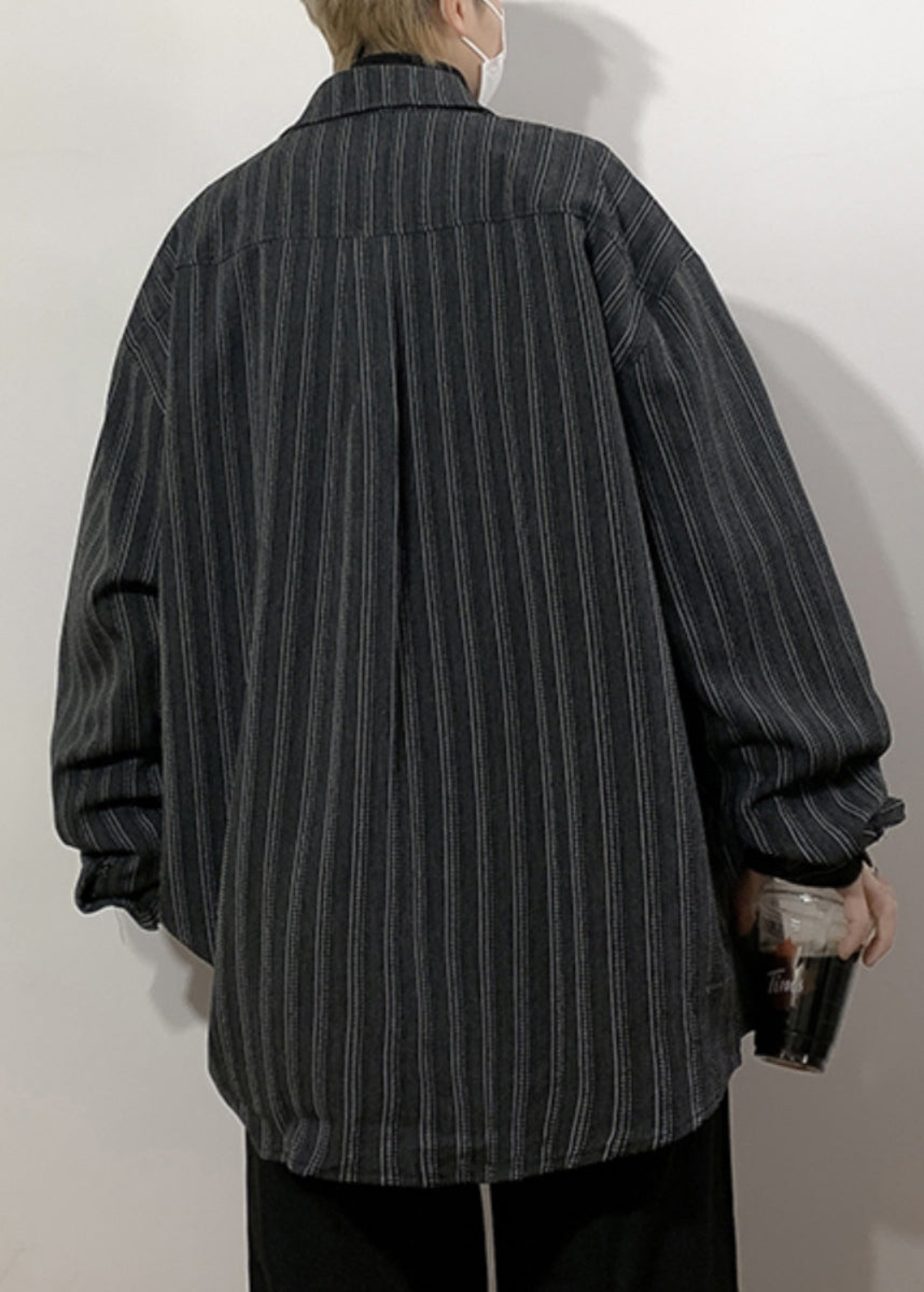 Black Striped Pockets Loose Cotton Men Shirts Peter Pan Collar Spring