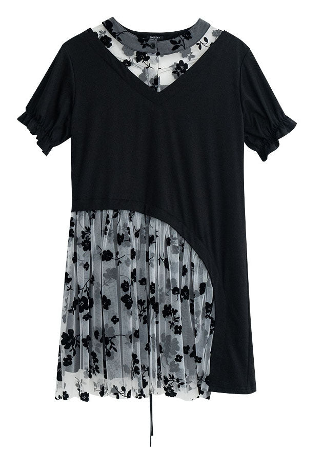 Black White Tulle Patchwork Cotton Dresses Print Short Sleeve