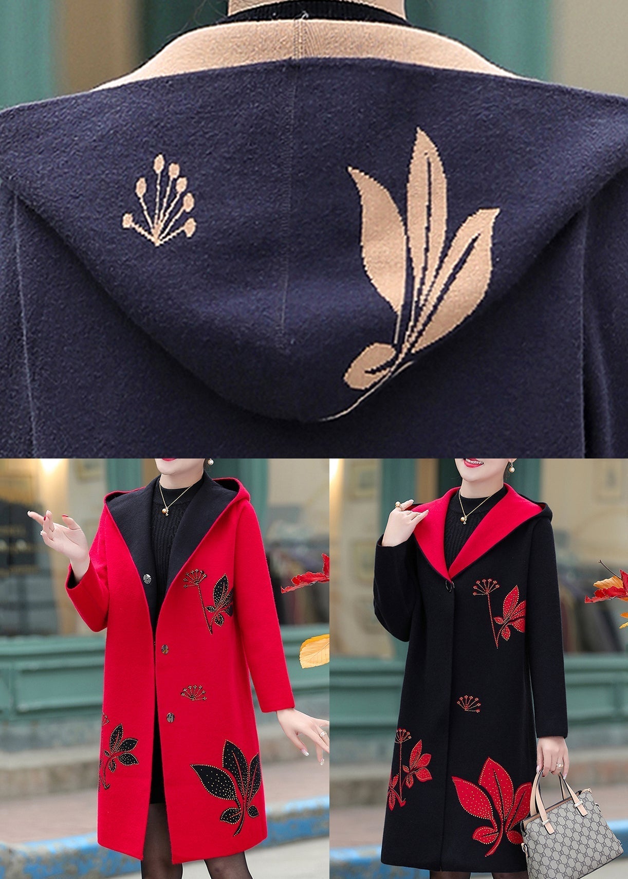 Black Woolen Hoodies Outwear Jacquard Spring