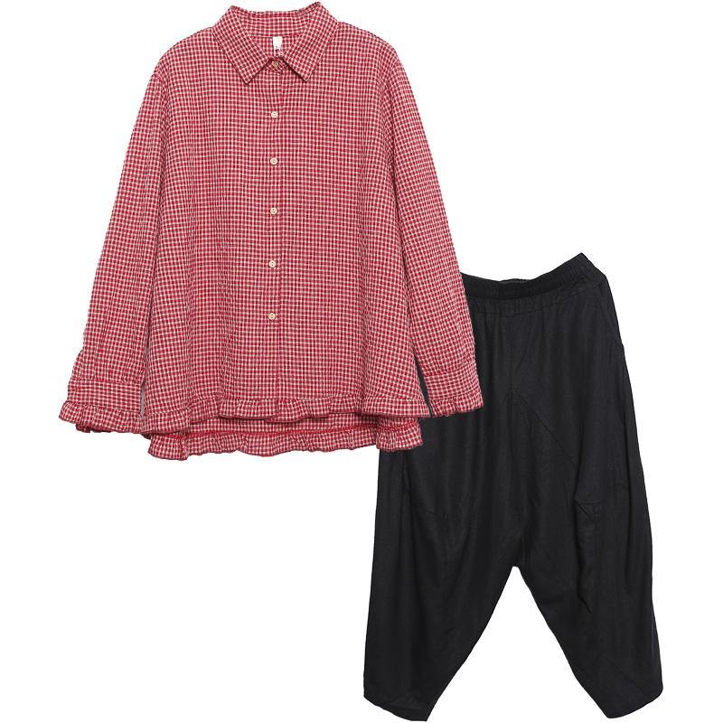 Black Plaid Shirt Suit Female Long Sleeve Spring and Autumn Loose Harem Pants Two-piece Suit